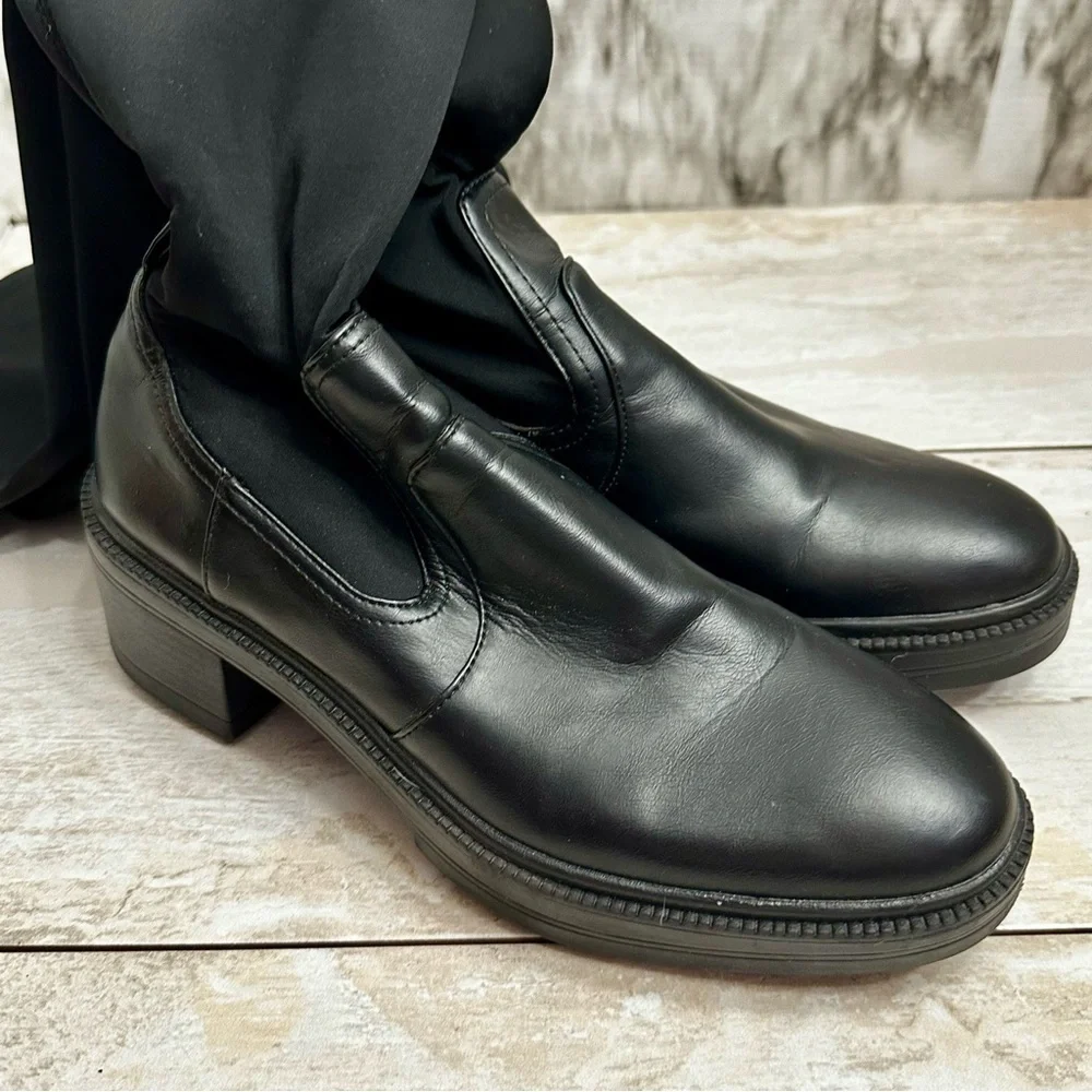 Zara Womens Sz 36 US 6 Black Stretch Knee High Boots Lug Bottom Wide Shaft Moto
